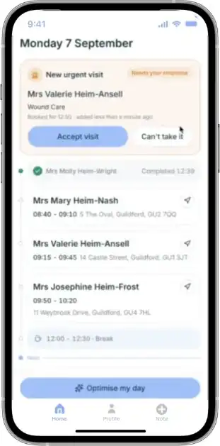 Companion App route optimisation screen: a new urgent visit to accept and the day's visits in order