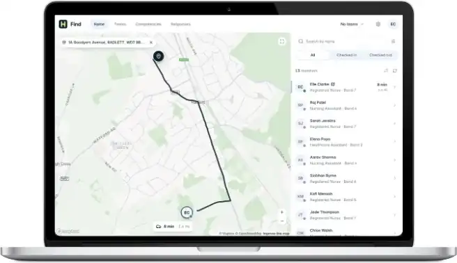 Heim Find on a laptop: a live map with a practitioner's route and the list of checked-in team members